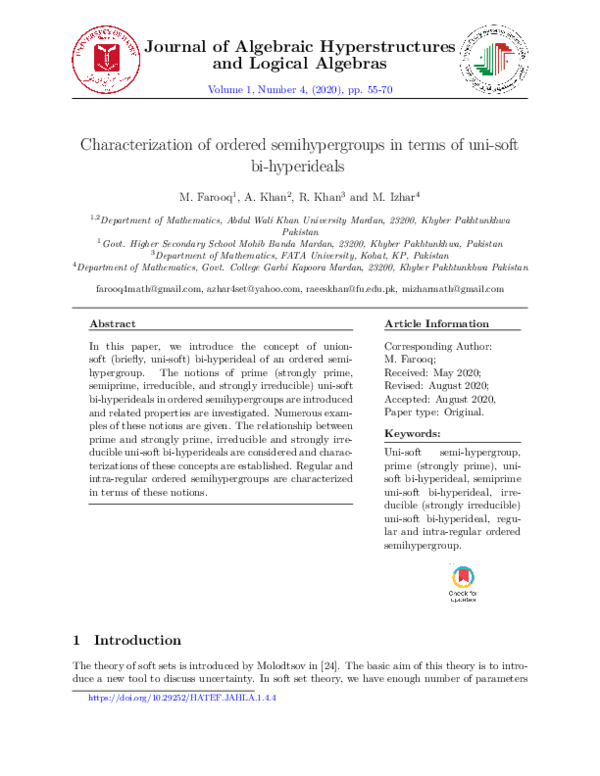 (PDF) Characterization of ordered semihypergroups in terms of uni-soft ...
