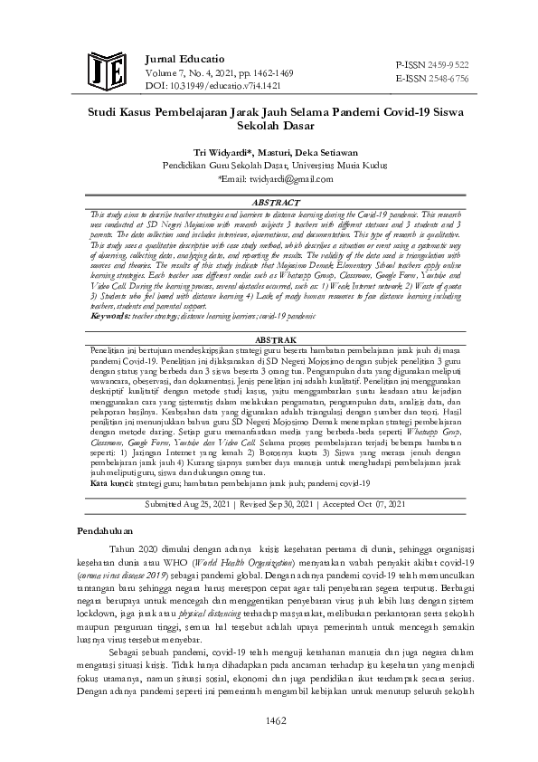 (PDF) Studi Kasus Pembelajaran Jarak Jauh Selama Pandemi Covid-19 Siswa ...