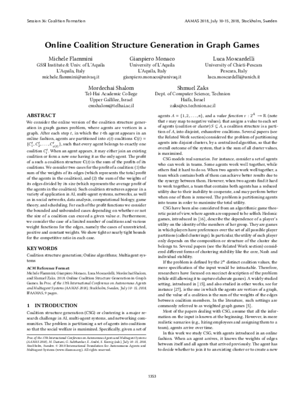 (PDF) Online Coalition Structure Generation in Graph Games | Shmuel ...