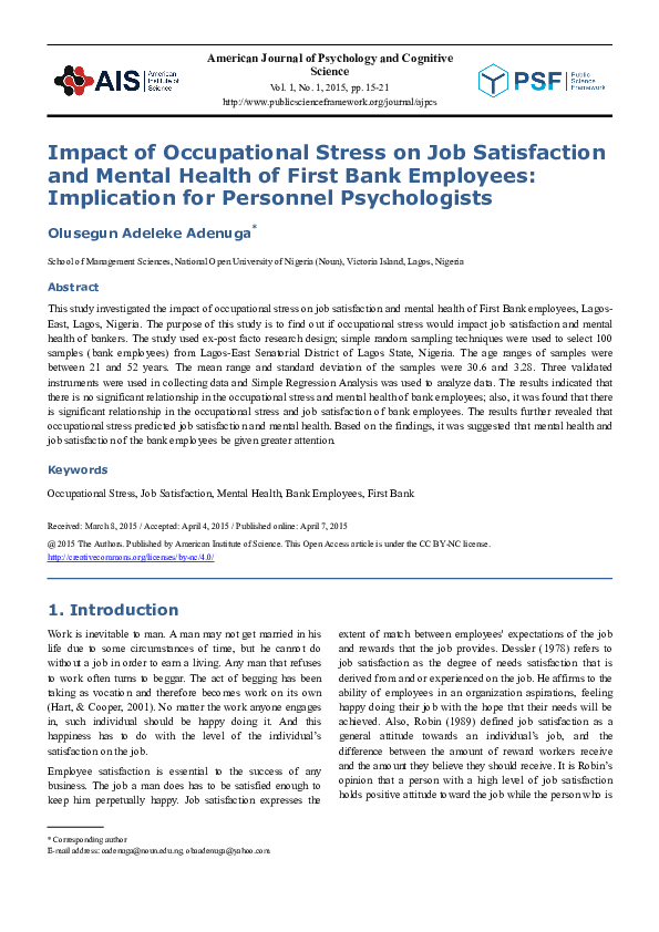 (PDF) Impact of Occupational Stress on Job Satisfaction and Mental ...