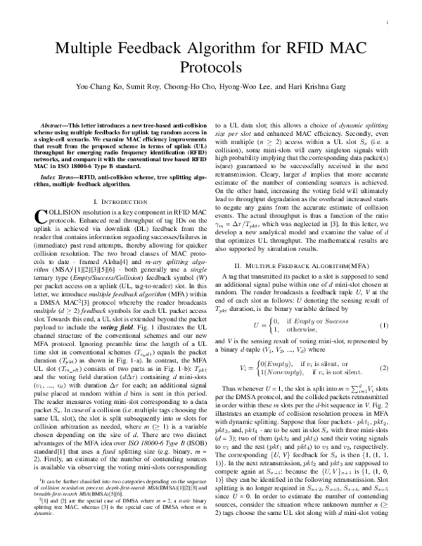 (PDF) Multiple feedback algorithm for RFID MAC protocols | hyongwoo lee ...