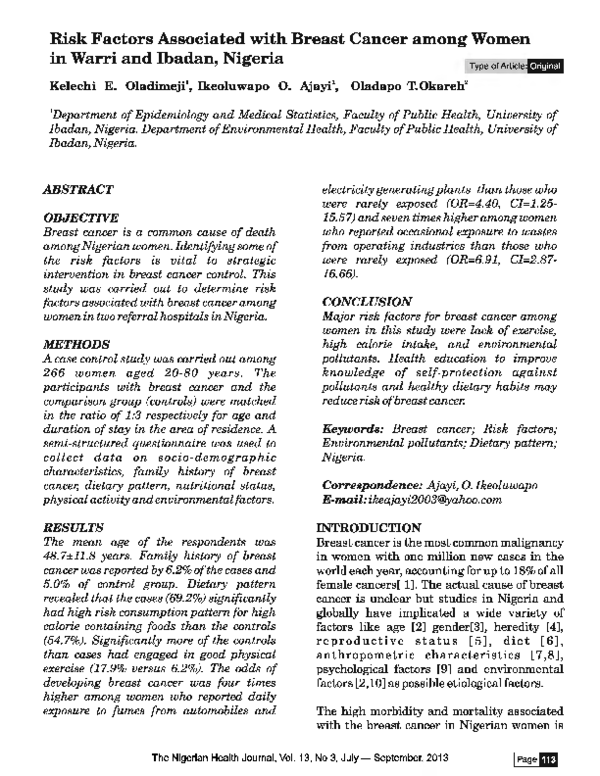 (PDF) Risk Factors Associated with Breast Cancer among Women in Warri ...