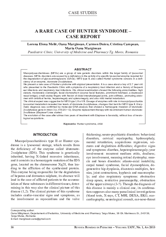 (PDF) A Rare Case of Hunter Syndrome Case Report Oana Marginean