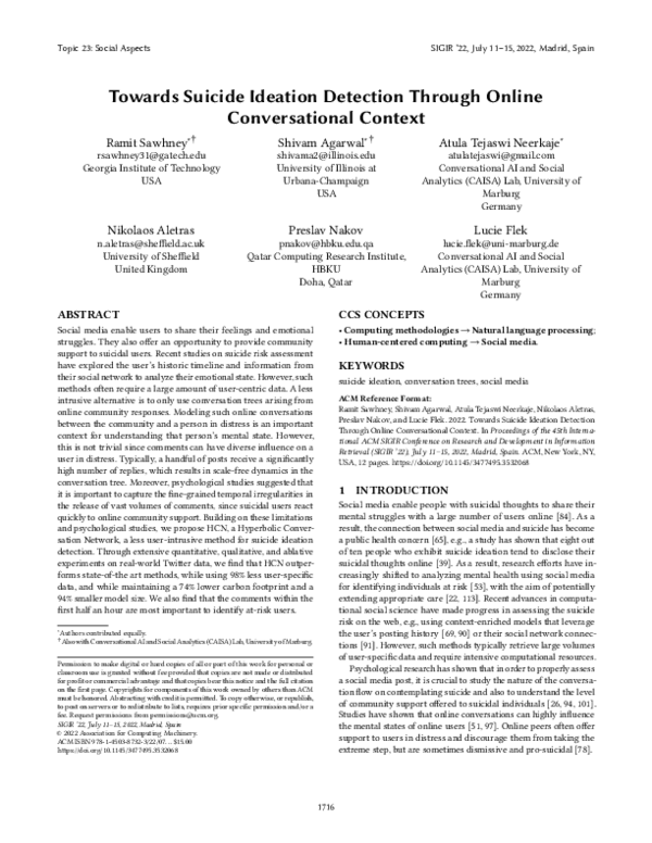 (PDF) Towards Suicide Ideation Detection Through Online Conversational ...