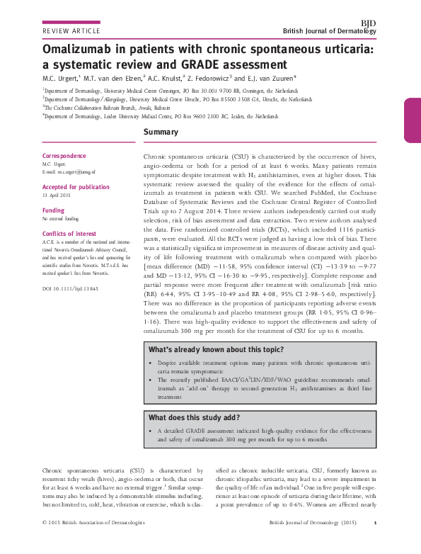 (PDF) Omalizumab in patients with chronic spontaneous urticaria: a ...