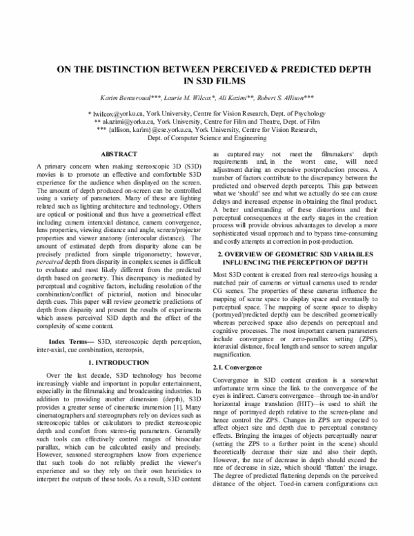 (PDF) On the distinction between perceived & predicted depth in S3D films