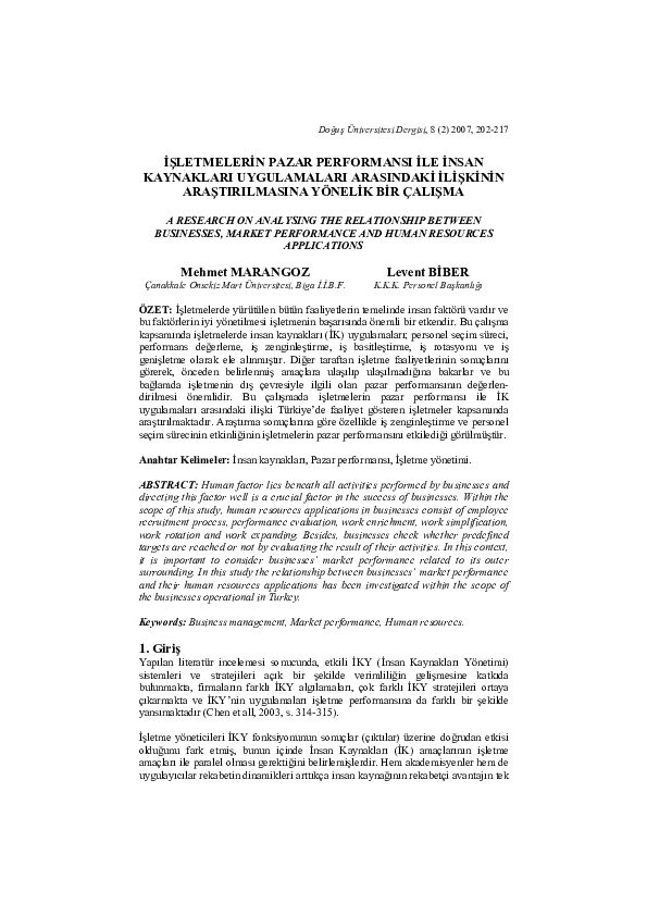İşletmelerin Pazar Performansi ile İnsan Kaynakları Uygulamaları Arasındaki İlişkinin Araştırılmasına Yönelik Bir Çalışma