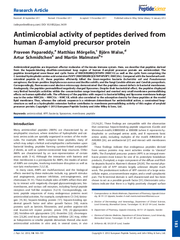 (PDF) Antimicrobial activity of peptides derived from human ß-amyloid ...