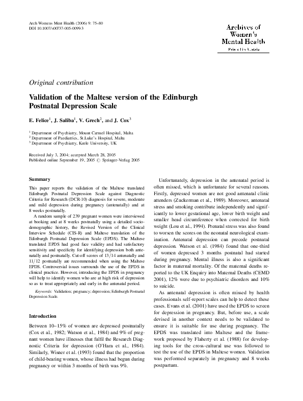 (PDF) Validation of the Maltese version of the Edinburgh Postnatal
