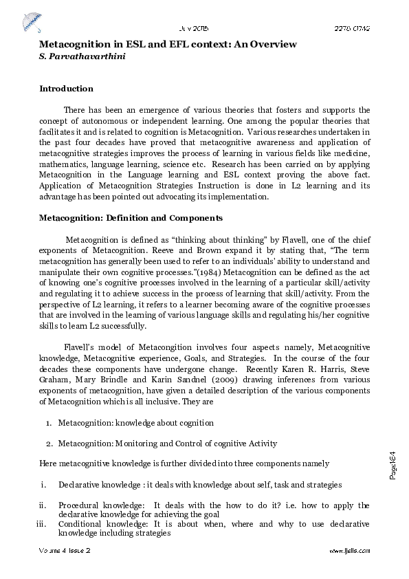 (PDF) Metacognition in ESL and EFL context: An Overview