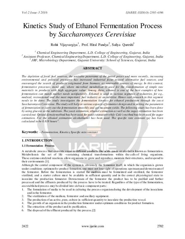 (PDF) Kinetics Study of Ethanol Fermentation Process by Saccharomyces ...