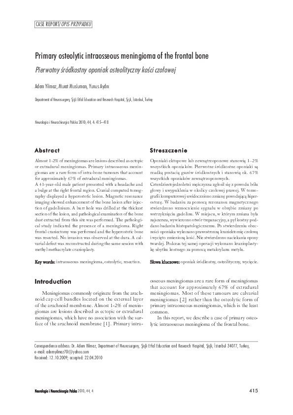 (PDF) Primary osteolytic intraosseous meningioma of the frontal bone