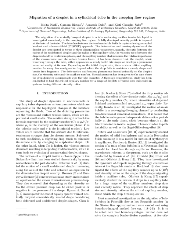 (PDF) Migration of a droplet in a cylindrical tube in the creeping flow ...