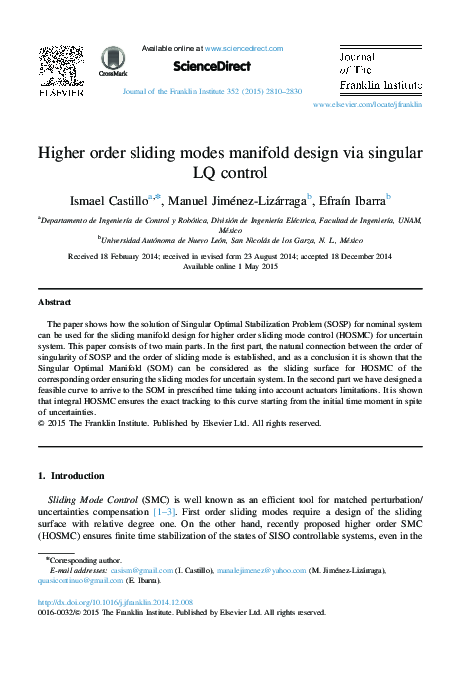 (PDF) Higher Order Sliding Modes Manifold Design via Singular LQ Control