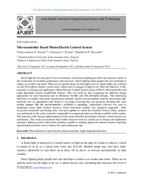 (PDF) Microcontroller Based Photo-Electric Control System