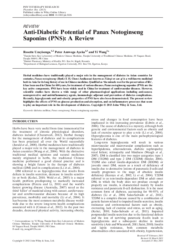 (PDF) Anti-Diabetic Potential of Panax Notoginseng Saponins (PNS): A Review