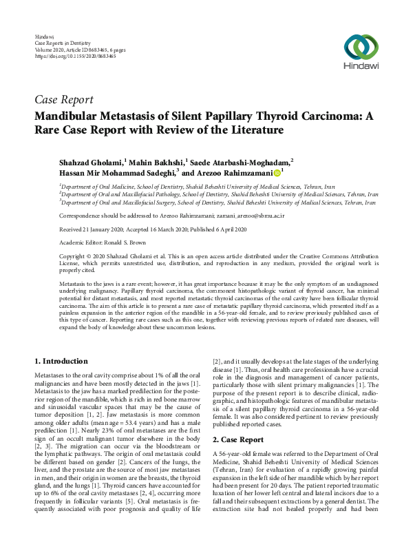 (PDF) Mandibular Metastasis of Silent Papillary Thyroid Carcinoma: A ...