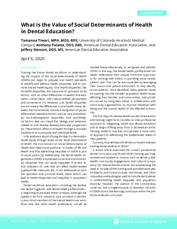(PDF) What is the Value of Social Determinants of Health in Dental ...