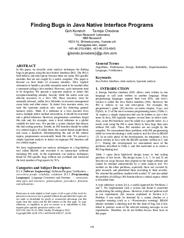 (PDF) Finding bugs in java native interface programs