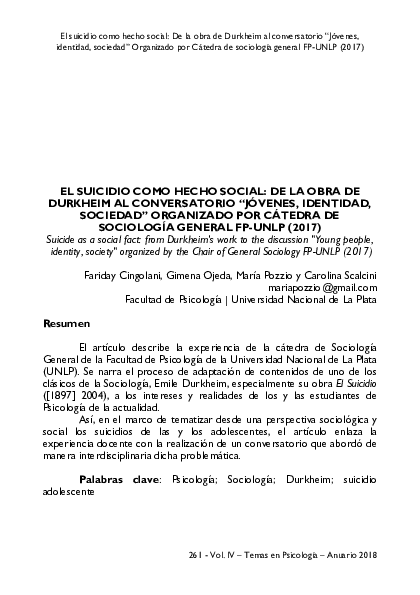(PDF) El suicidio como hecho social: de la obra de Durkheim al ...