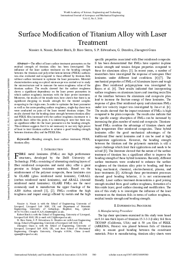 (PDF) Surface Modification Of Titanium Alloy With Laser Treatment S