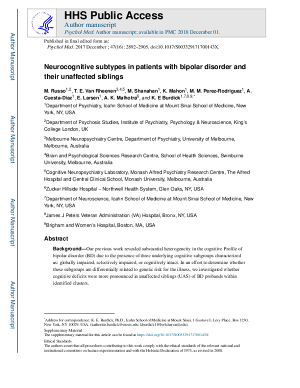 (PDF) Neurocognitive subtypes in patients with bipolar disorder and ...
