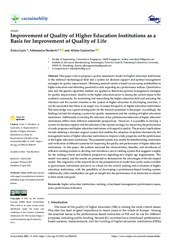 (PDF) Improvement of Quality of Higher Education Institutions as a ...