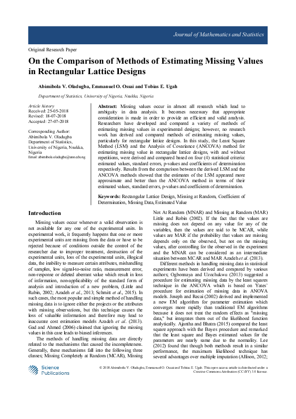 (PDF) On the Comparison of Methods of Estimating Missing Values in ...
