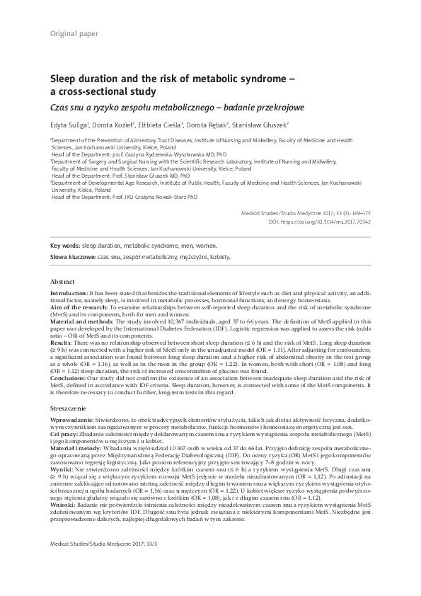 (PDF) Sleep duration and the risk of metabolic syndrome – a cross ...
