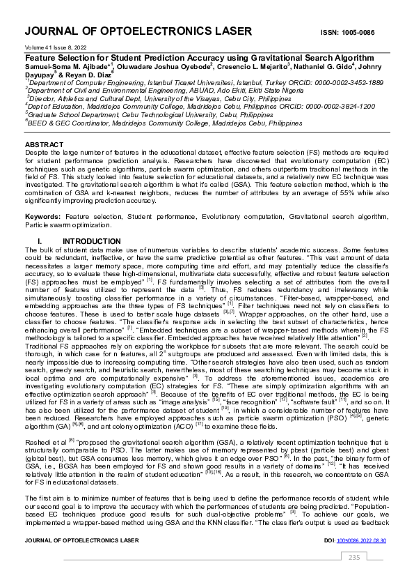 (PDF) Feature Selection for Student Prediction Accuracy using ...