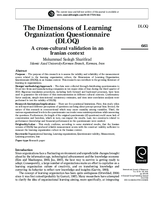 (PDF) The Dimensions of a Learning Organization Questionnaire (DLOQ) Victoria J Marsick
