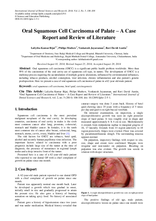 (PDF) Oral Squamous Cell Carcinoma of Palate – A Case Report and Review ...