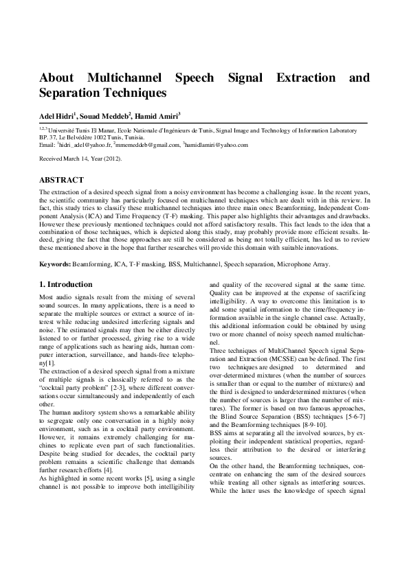 (PDF) About Multichannel Speech Signal Extraction and Separation Techniques