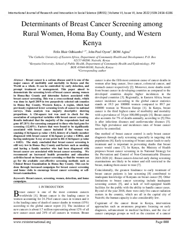 (PDF) Determinants of Breast Cancer Screening among Rural Women, Homa ...