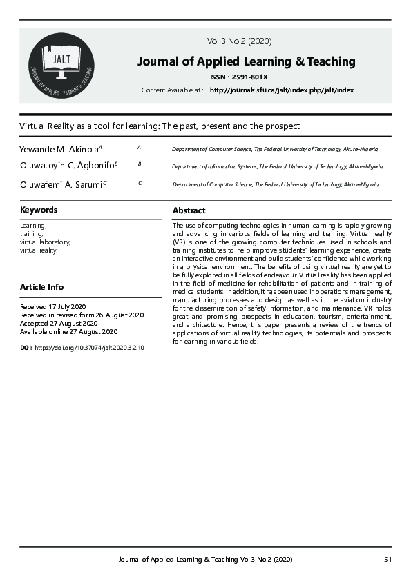 (PDF) Virtual Reality as a tool for learning: The past, present and the ...