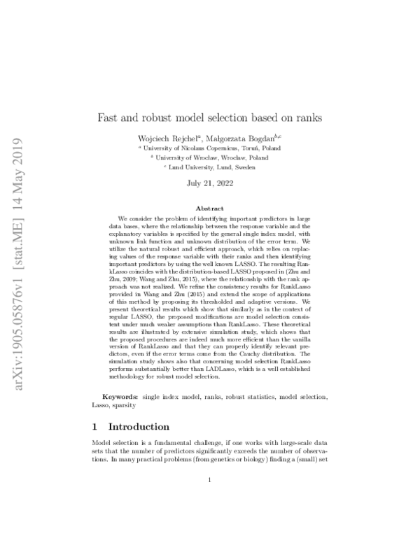 (PDF) Fast and robust model selection based on ranks
