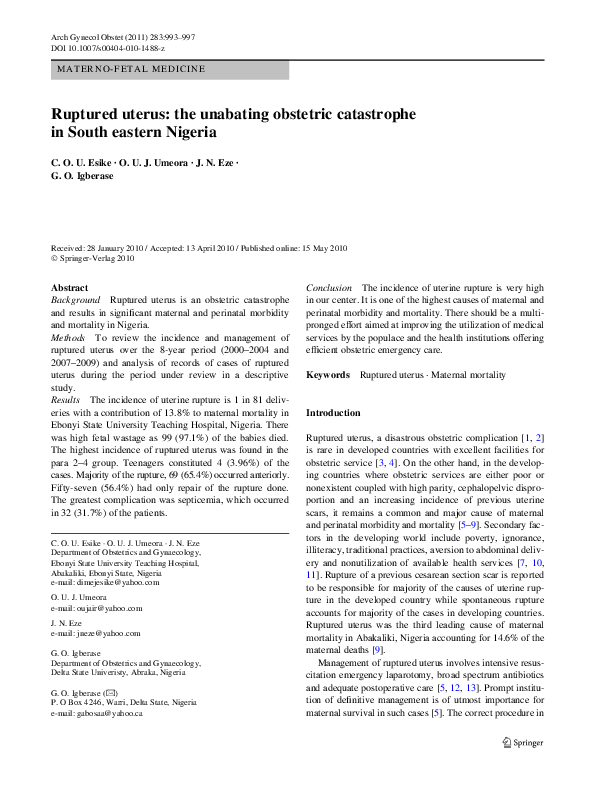 (PDF) Ruptured uterus: the unabating obstetric catastrophe in South ...