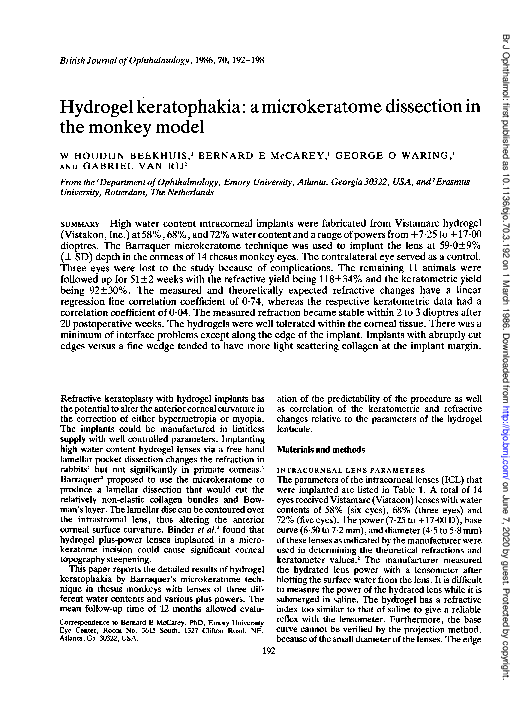 (PDF) Hydrogel keratophakia: a microkeratome dissection in the monkey model