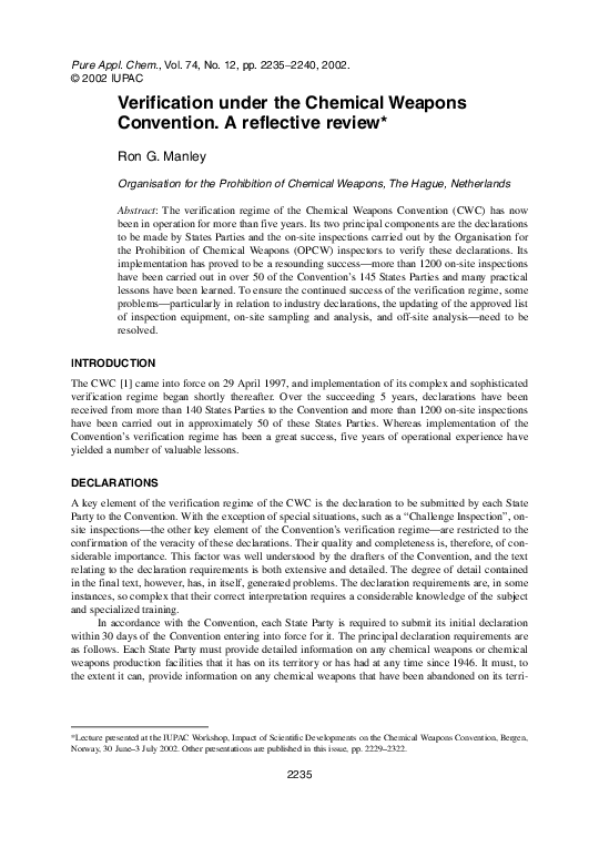 (PDF) Verification under the Chemical Weapons Convention. A reflective ...