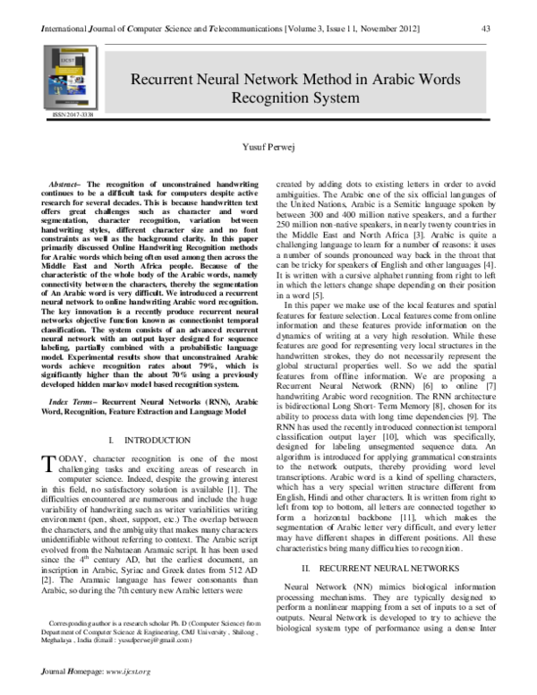 (PDF) Recurrent Neural Network Method in Arabic Words Recognition System