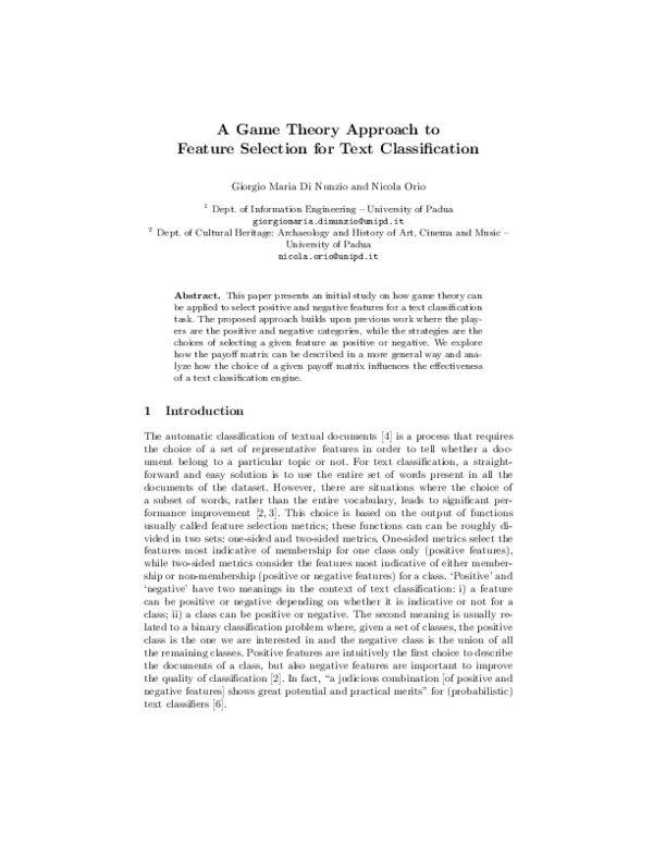 (PDF) A Game Theory Approach to Feature Selection for Text Classification