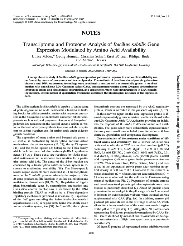 (PDF) Transcriptome and Proteome Analysis of Bacillus subtilis Gene ...