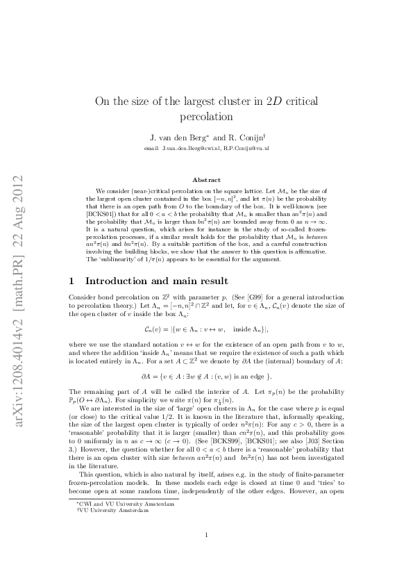 (PDF) On the size of the largest cluster in 2D critical percolation