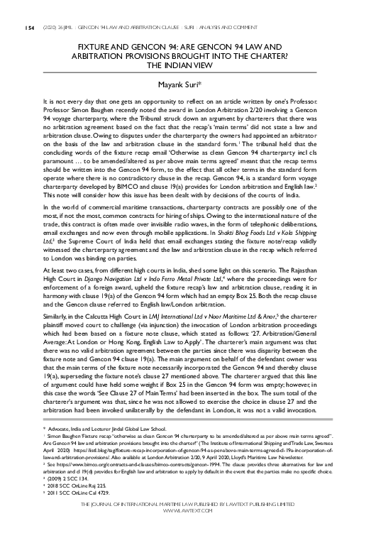 (PDF) FIXTURE AND GENCON 94: ARE GENCON 94 LAW AND ARBITRATION ...