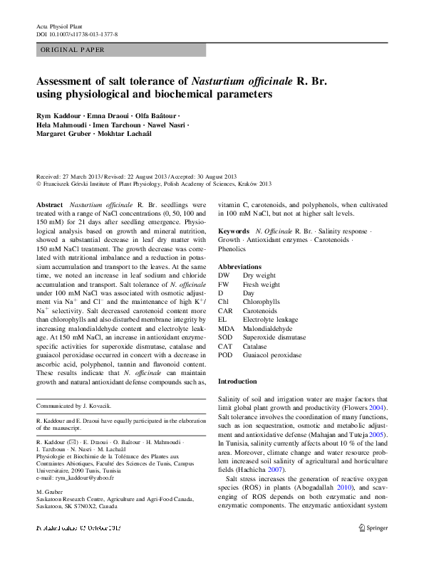 (PDF) Assessment of salt tolerance of Nasturtium officinale R. Br ...