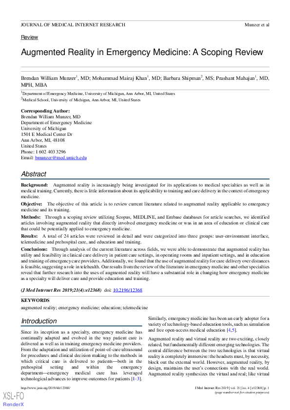 (PDF) Augmented Reality in Emergency Medicine A Scoping Review