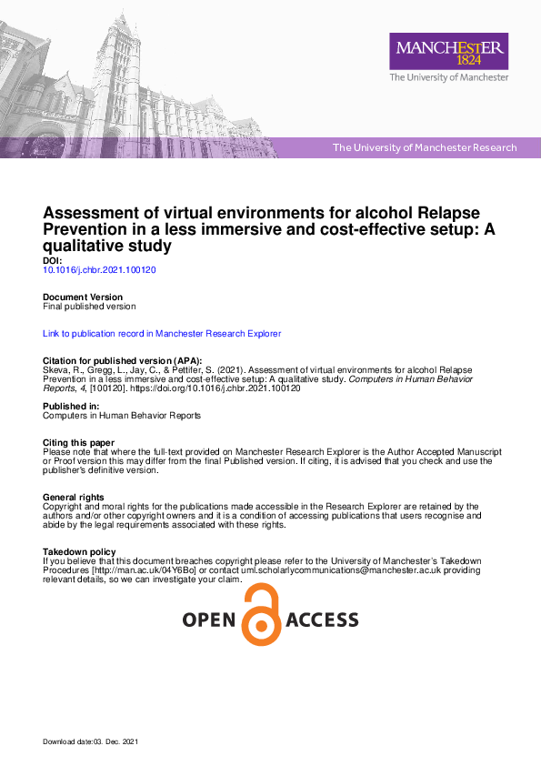 (PDF) Assessment of virtual environments for alcohol Relapse Prevention ...