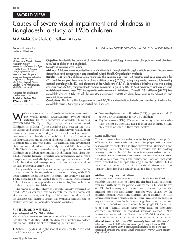 (PDF) Causes of severe visual impairment and blindness in Bangladesh: a ...