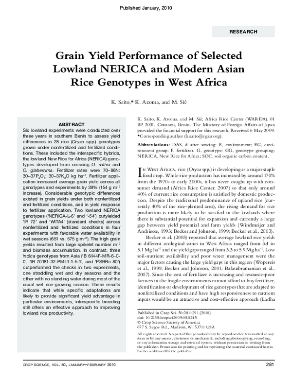 (PDF) Grain Yield Performance of Selected Lowland NERICA and Modern ...