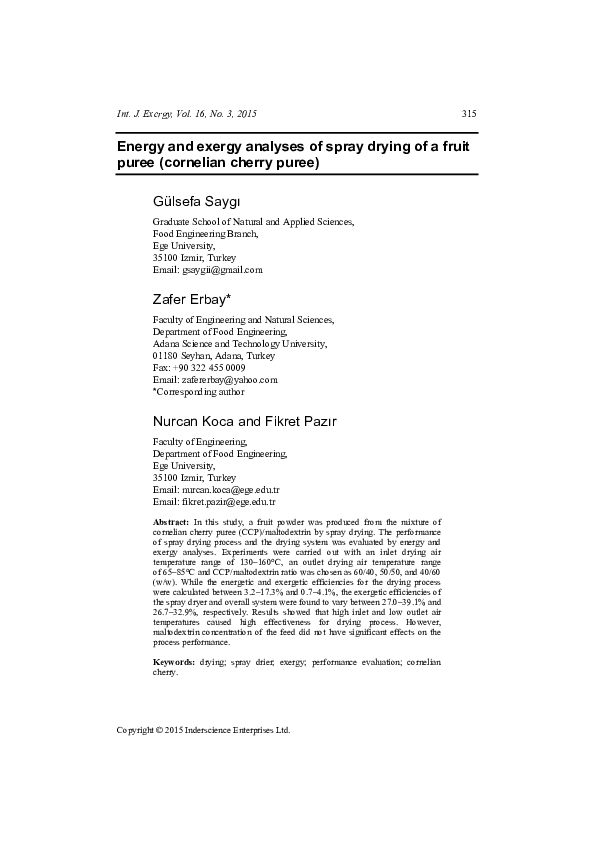 (PDF) Energy and exergy analyses of spray drying of a fruit puree ...